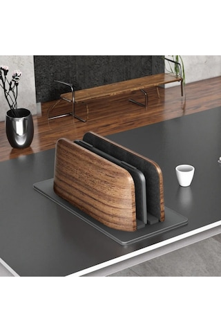 Mcstorey Ahşap Dikey Laptop Standı Çift Yuvalı 2 Cihazlık Macbook Notebook Tutucu Masaüstü Organizer Kaymaz Tabanlı Ahşap Metal Stand