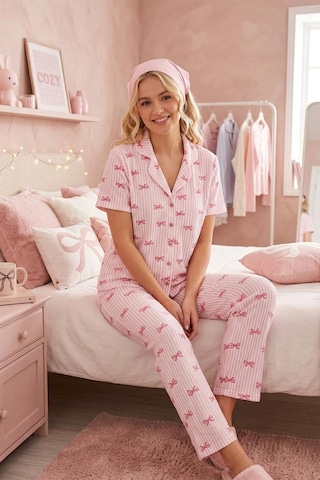 Fit Women Pembe Kurdele Desenli Bürümçük Kumaş Kısa Kollu Pijama Takımı 6064