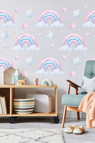 Sevimli Gökkuşağı Temalı 50 Parça Çocuk Ve Bebek Odası Dekoratif Duvar Sticker Seti