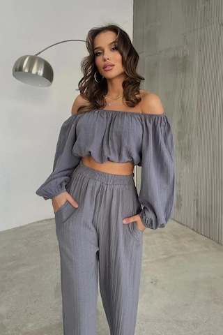 Fashion Cocktail Düşük Omuz Yazlık Lastikli Bohem Sahil Pantolon Krop Göbek Açık Kadın Takım Gri