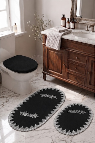 Siyah 3lü Fransız Dantelli Lüks Banyo Paspası Kaymaz Çeyizlik Oval Banyo Paspas Seti Lauris