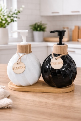 Makri Home 2'li Sıvı Sabunluk & Deterjanlık Seti, Bambu Stantlı, Stant 17,5x8,5 Cm, Şişe 400 Ml 15x10 Cm Beyaz - Siyah