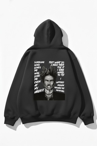 Uyguntarz Unisex Yumuşak Dokulu Frida Kahlo Viva La Vida Baskılı Tasarım Oversize 3 İplik Hoodie Sweatshirt Gri