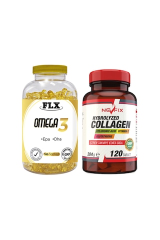 Omega 3 Balık Yağı 180 Softgel & Nevfix Collagen Glutation Hyaluronic Acid Vitamin C 120 Tablet
