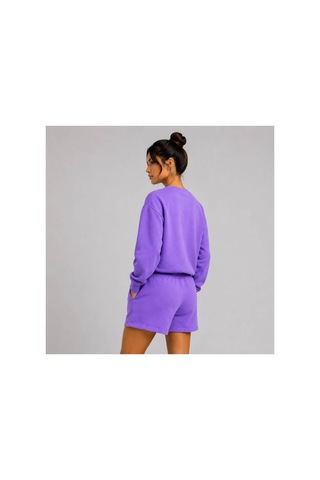 Herkesemoda Hüppy Baskılı Kadın Oversize Şortlu Sweatshirt Eşofman Takımı Mor