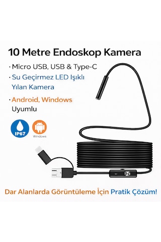 10 Metre Endoskop Kamera Su Geçirmez Led Işıklı Boroskop Yılan Kamera Android Uyumlu Micro+usb+type-c