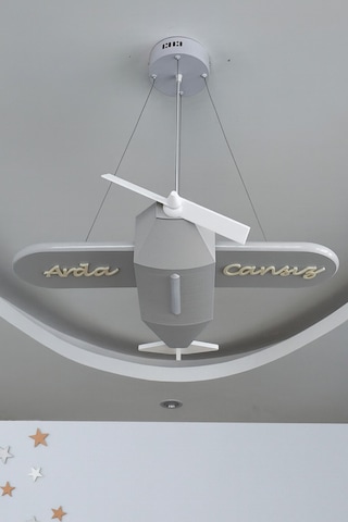 Uçak Temalı Entegre Led Çocuk Odası Sarkıt Avize 70x80cm Kişiye Özel Tasarım, El Yapımı Görünüm Gri Gri