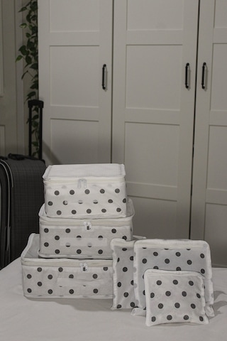 Adarya Home Puantiye Desen Valiz Düzenleyici Bavul İçi Organizer Set 6'lı Beyaz