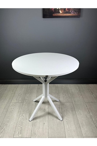 Saray Beyaz Yuvarlak Mutfak Masası Yemek Masası Balkon Masası Metal Beyaz Ayak 80 Cm