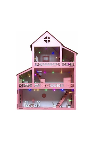 Ahşap Oyun Evi 60Cm 18 Eşya Pembe Led Işıklı