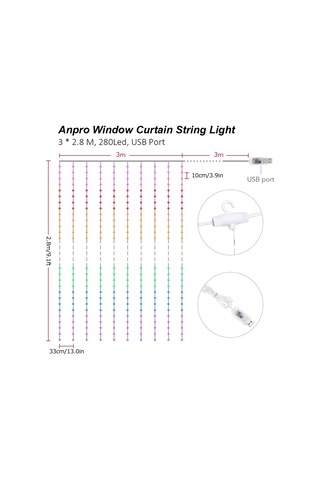 Lemestar 280 Led Renkli Bakır Tel Işıklı Perde, 8 Aydınlatma Modu, Usb Ve Uzaktan Kumanda Kontrolü, Ev Dekorasyon Işıklı Sürekli, Odalar Ve Noel Ağaçları İçin Kumanda Pil Dahil Diğer
