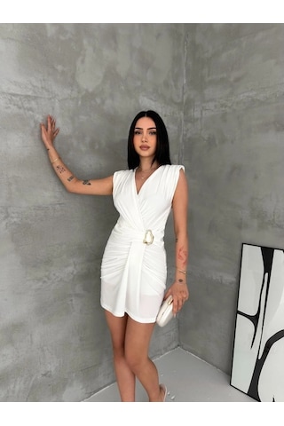 Tarzyeri Kadın Kruvaze Drapeli Tokalı Mini Elbise Şık Gece Davet Abiye - Beyaz Çok Renkli