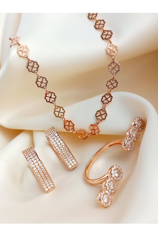925 Ayar Gümüş Işıltılı Sıralı Kalpler Tasarım Gold Kolye Küpe Özel Tasarım Yüzük Kadın Set Rose Gold - Gümüş