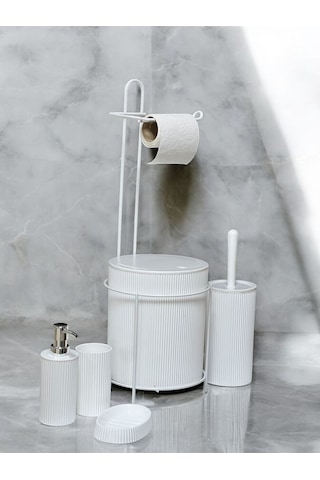 Metalshop 6 Parça Banyo Seti Metal Stantlı Çöp Kovalı Wc Kağıtlık Ve Tuvalet Fırçası Katı - Sıvı Sabunlu Beyaz