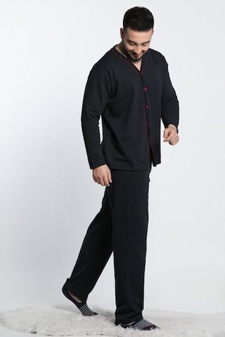 Lukitus Uzun Kollu Önden Düğmeli Erkek Pijama Takımı Lacivert Siyah