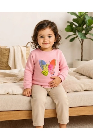 Tuffy Pembe Kelebek Desenli Bebek Sweatshirt Konforlu Üst Giyim