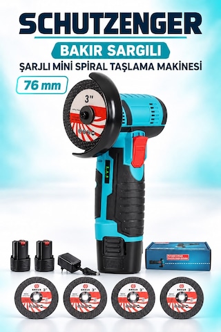76mm Şarjlı Açılı Mini Taşlama Makinesi Bakır Sargı 4 Adet Taşlı Çift Akülü Mavi 7011