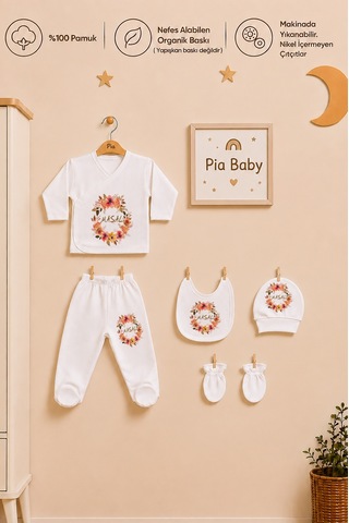 Pia Baby Kişiye Özel %100 Pamuk 5 Parça Kız Bebek Zıbın Seti 2077z0x Krem