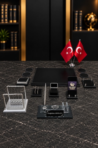 13 Parça Kristal Masa İsimlik Seti Kişiye Özel Newton Denge Toplu Ofis Sümen Takımı Siyah