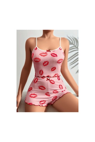 Lily Bianca Nightwear Dudak Desenli Mini Şortlu Penye Gecelik Pembe