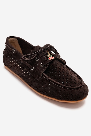 Luvishoes Stevo Kahverengi Süet Hakiki Deri Delikli Bağcıklı Kadın Loafer Ayakkabı