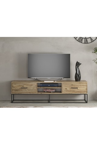 Asos 2 Çekmeceli Raflı Metal Ayaklı Tv Sehpası - Atlantik Çam Bej