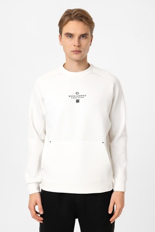 Backandbond Beyaz Regular Fit Pamuklu Bisiklet Yaka Kanguru Sweatshirt