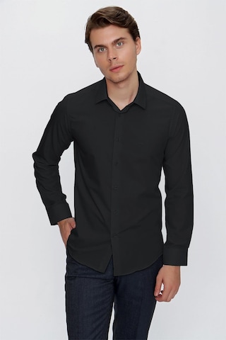 İmza Siyah Uzun Kol Düz Bez Ayağı 041 Sert Yaka Basic Slim Fit Gömlek 1004245057 Siyah