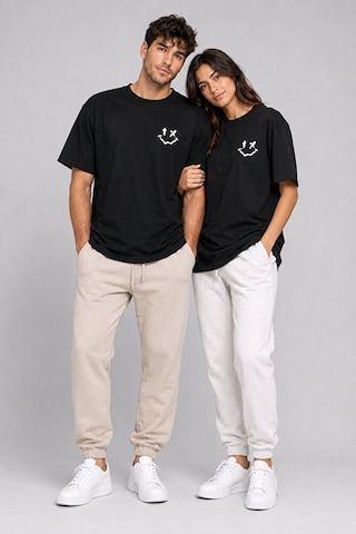 Nevermind Sevgili Kombini Smiley Baskılı Çift Tişört Oversize Unisex %100 P Siyah