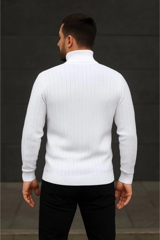 Butik İstanbul Erkek Balıkcı Yaka Bağazlı Triko Kazak Pamuklu Kalın Fitilli Dokuma, Regular Fit Uzun Kollu Kışlık Model - Beyaz Beyaz - Saks Mavi