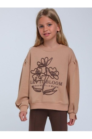Kız Çocuk Çiçek Nakışlı Sweatshirt-14248 Kahverengi