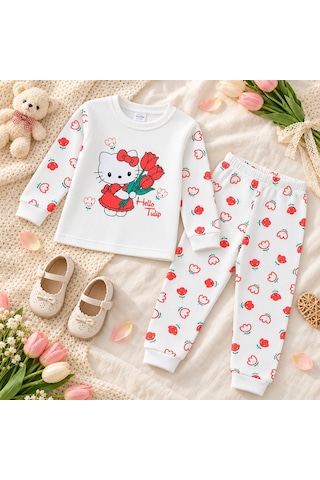 Polifoni Kız Çocuk Kedi Figürlü Pijama Takımı Beyaz