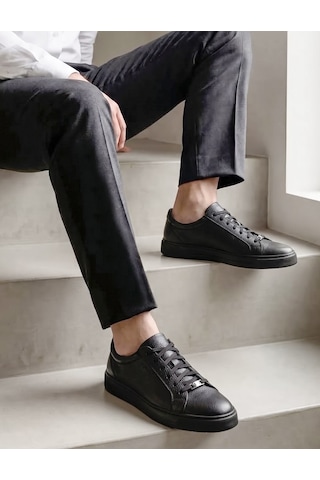 Cabani Erkek Siyah Hakiki Deri Günlük Sneaker Ayakkabı