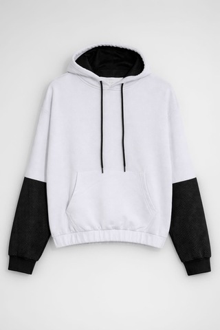 Kadın Kapüşonlu Cepli Siyah-beyaz Crop Sweatshirt Beyaz