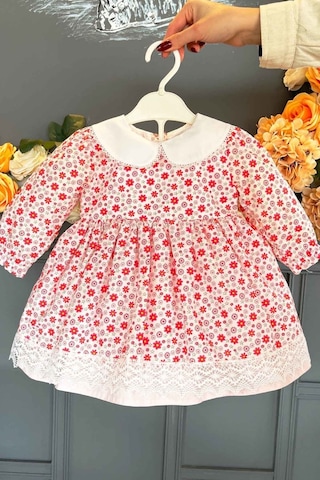 Bebe Yaka Dantel Detaylı Çiçekli Kız Çocuk Bebek Pamuklu Elbise 3 Renk 001