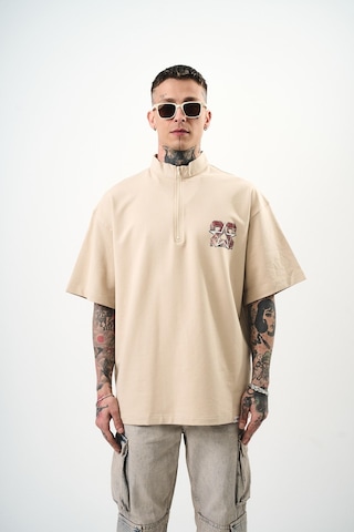 Respire Erkek 22 Baskılı Yarım Fermuarlı Oversize T-shirt Bej