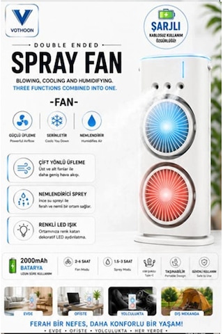 Çift Başlıklı Sprey Fan Nemlendirici Ve Renkli Led Işıklı Beyaz Çok Renkli