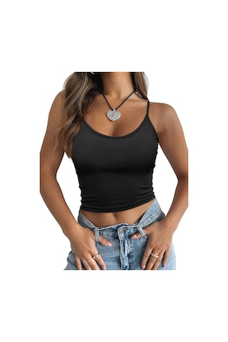 Liona Kadın U Yaka Askılı Siyah Renk Crop Top Bluz Atlet 001