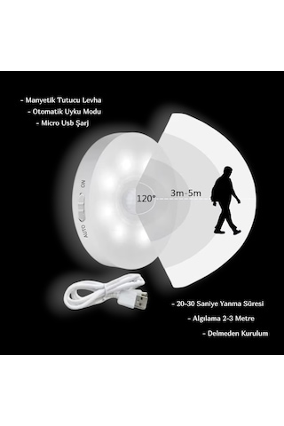 Tek-iş Usb Şarjlı Hareket Sensörlü Spot Lamba Mıknatıslı Ve Yapışkanlı Kablosuz Led Işık Dolap Merdiven Koridor Gece Lambası Beyaz