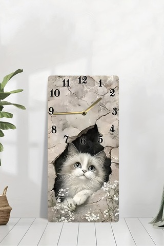 Uv Baskı Mdf Tablo Saat 30x60 Cm Sevimli Kedi Desenli Usd249 Ahşap Saat Usd249
