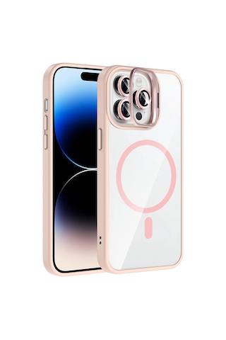 Apple Uyumlu iPhone 14 Pro Max Kılıf Standlı Ve Kamera Lens li M-safe Şarj Özellikli Zore Etro Kapak Pembe