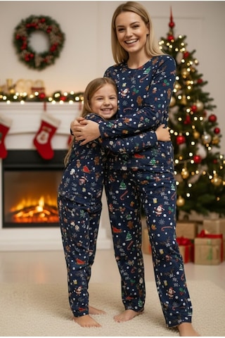 Siyah İnci %100 Pamuklu Şeker Baston Desenli Yılbaşı Temalı Örme Pijama Takım Lacivert Kardanadam