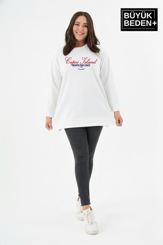 Süperlife Kadın Tunik Büyük Beden Capri Island Baskılı İnce Sweatshırt Spr26btk990-1 Ecru