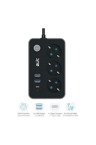 Çeşithane Akım Korumalı Priz - 3 Lü Priz Soketi, 2x Usb Ve 1x Type-c Hızlı Şarj Girişli, 2 Metre Tas 2