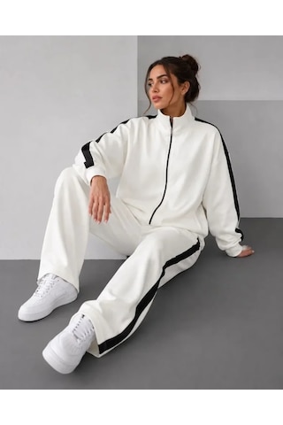 DefyModa Scuba Kumaş Oversize Şerit Detaylı Fermuarlı Alt Üst Eşofman Takımı - Beyaz
