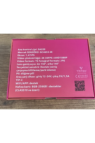 Vrpro Wıfi Araç İçi Yol Kamerası 1.5 İnç 4k 30 Fps 2 Kameralı