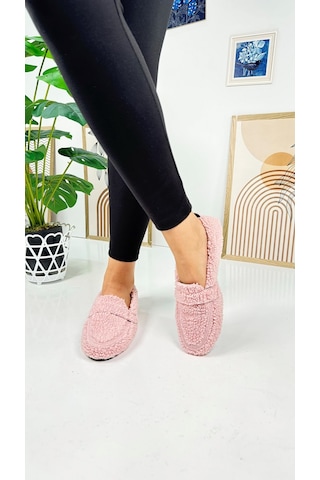 Günlük Kadın Loafer Peluş Astarlı Oval Burunlu Alçak Desenli Tabanlı Ayakkabı 375 Pudra