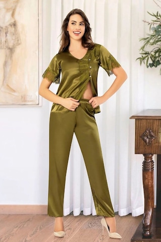 Faal 4110 Kadın Dantel Detaylı Saten Kısa Kollu Pijama Takım-haki Haki
