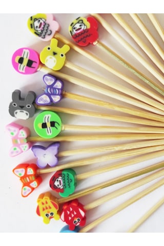 100 Adet Dekoratif Fimo Boncuklu Sevimli Karakterler Pasta Kürdanı 6,5 Cm Karışık Renk - Doğum Günü