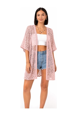 Trend Alisse Kadın Dantel Görünümlü File Kimono Pareo Hırka Toz Pembe